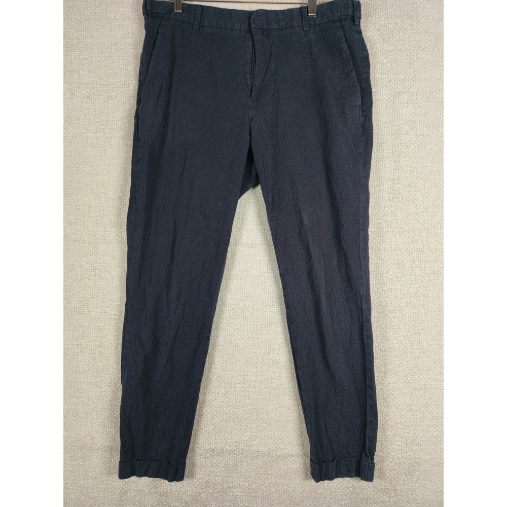 H&M Men's 36 Slim Fit Seersucker Pants Navy Blue Stretch (Measures 35x27)Cropped